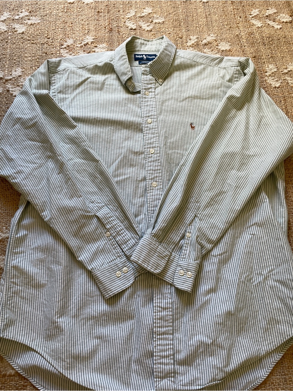 Men’s Ralph Lauren Yarmouth 100% Cotton Oxford Green Stripe Dress Shirt 17 36/37